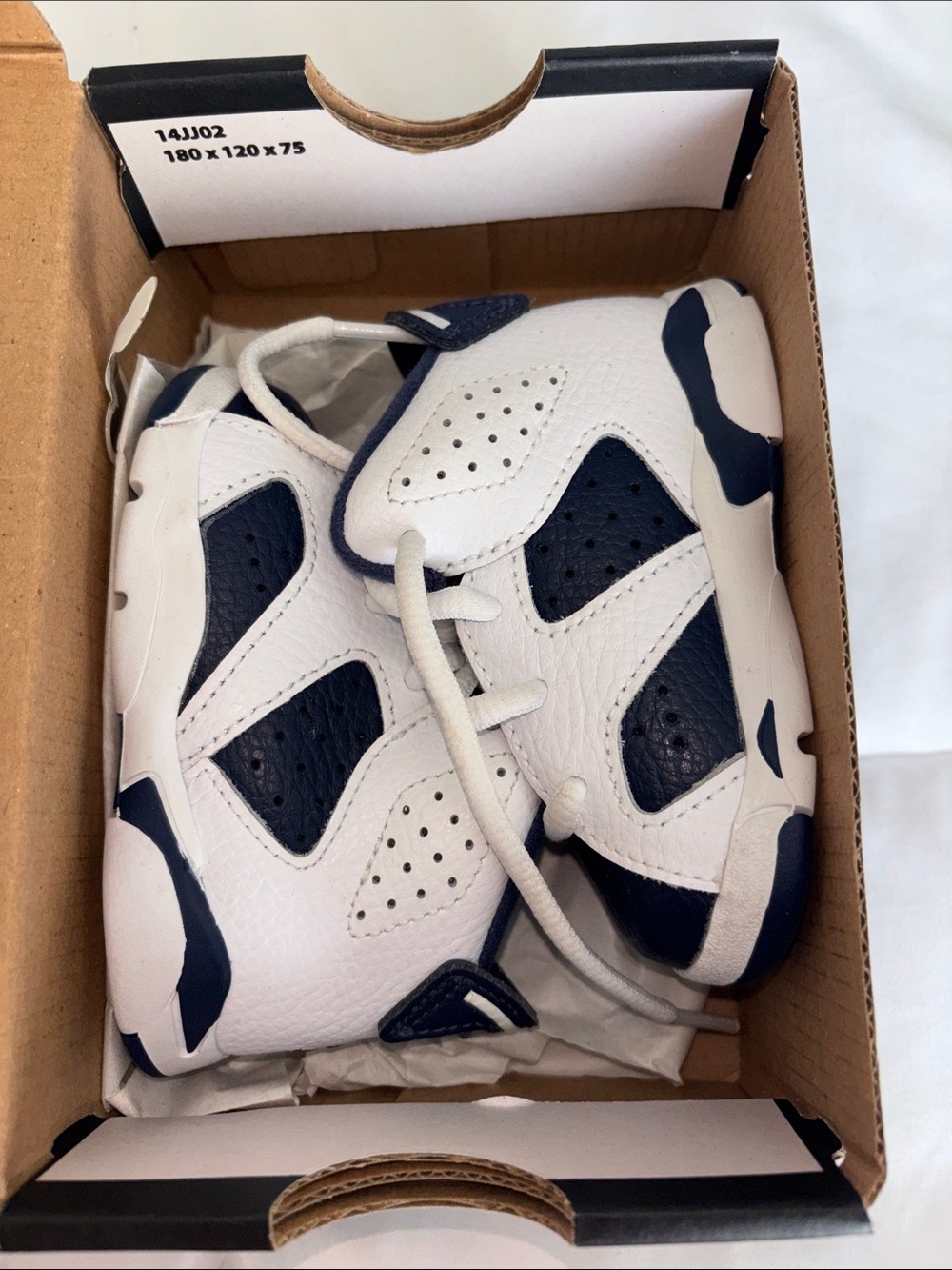 Jordan Kids 6 White and Navy High-Top Sneakers